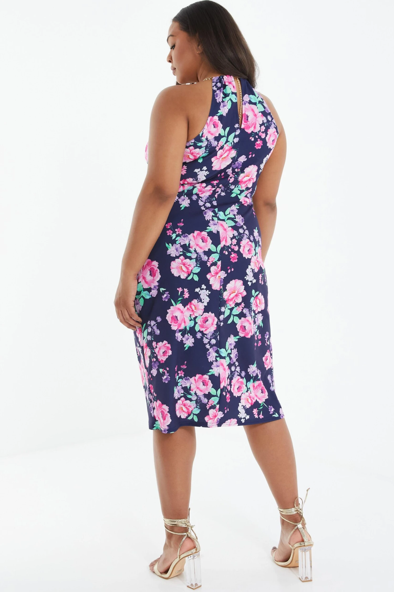 Curve Navy Floral Halter Neck Midi Dress 5 Curve Navy Floral Halter Neck Midi Dress - Image 3