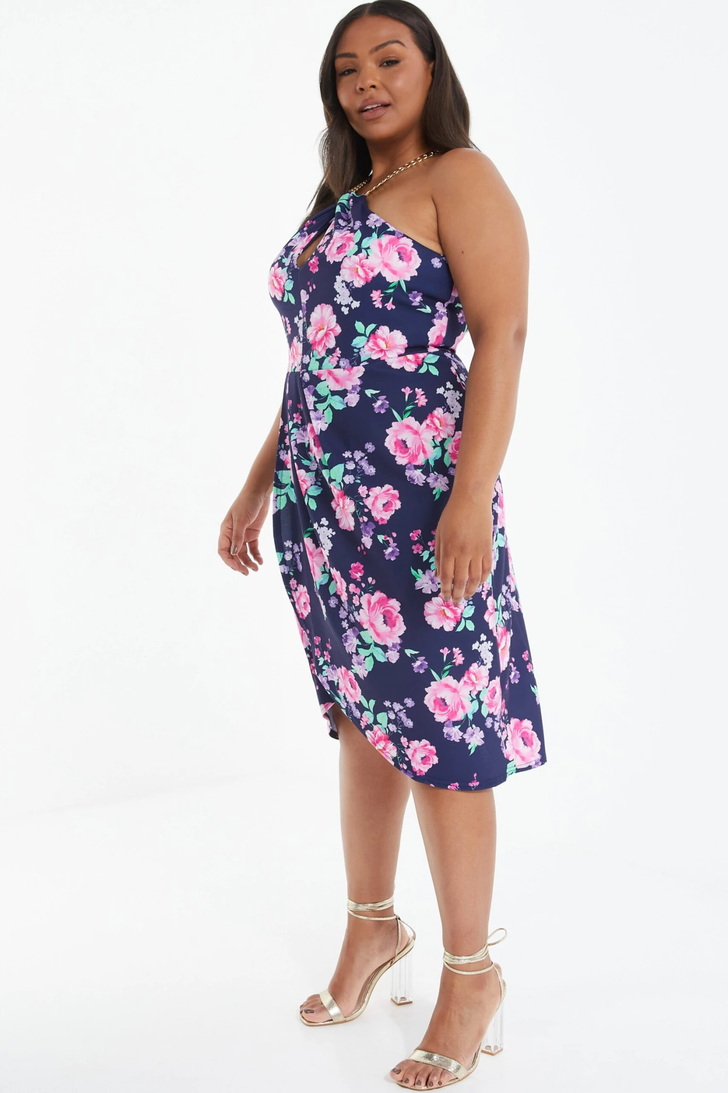 Curve Navy Floral Halter Neck Midi Dress 6 Curve Navy Floral Halter Neck Midi Dress - Image 4