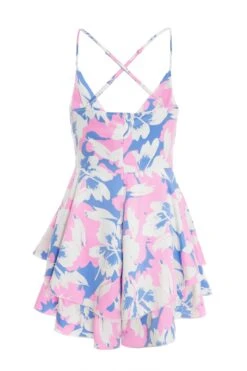 Petite Blue Satin Floral Print Playsuit -Deals Clothifyr Store 00100038398 ZB