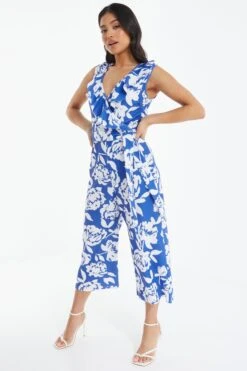 Petite Royal Blue Floral Culotte Jumpsuit 11 Petite Royal Blue Floral Culotte Jumpsuit -Deals Clothifyr Store 00100038400 XS