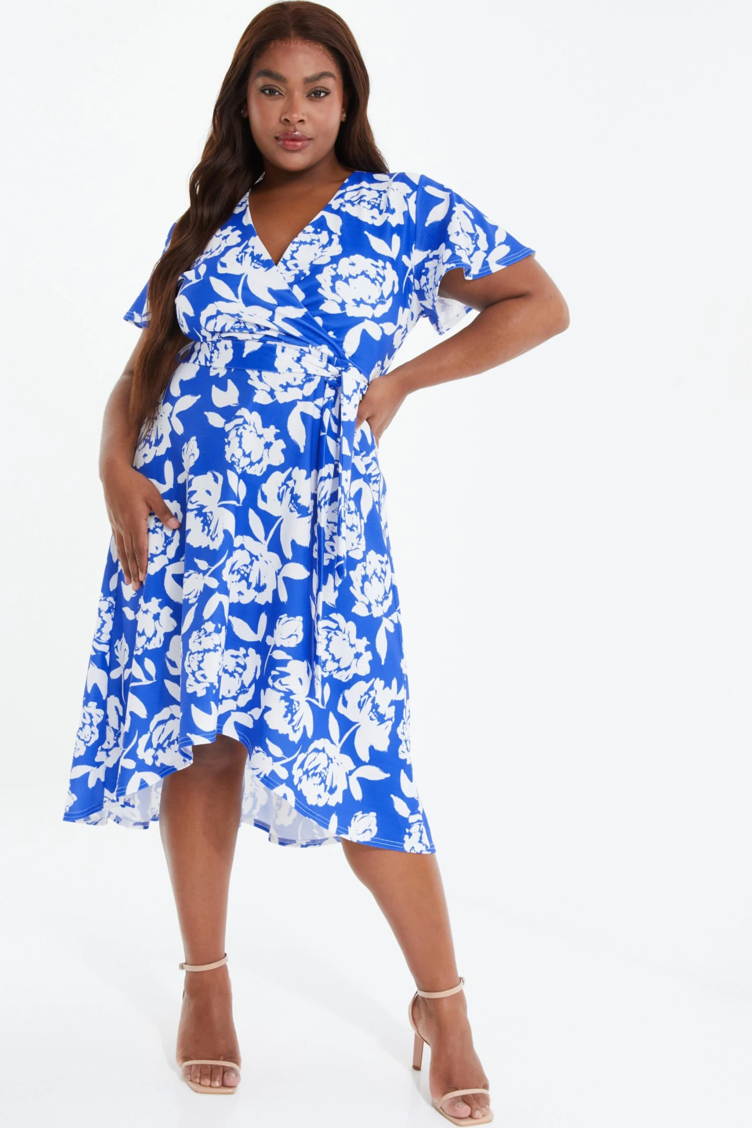 Curve Royal Blue Floral Dip Hem Midi Dress 4 Curve Royal Blue Floral Dip Hem Midi Dress - Image 2