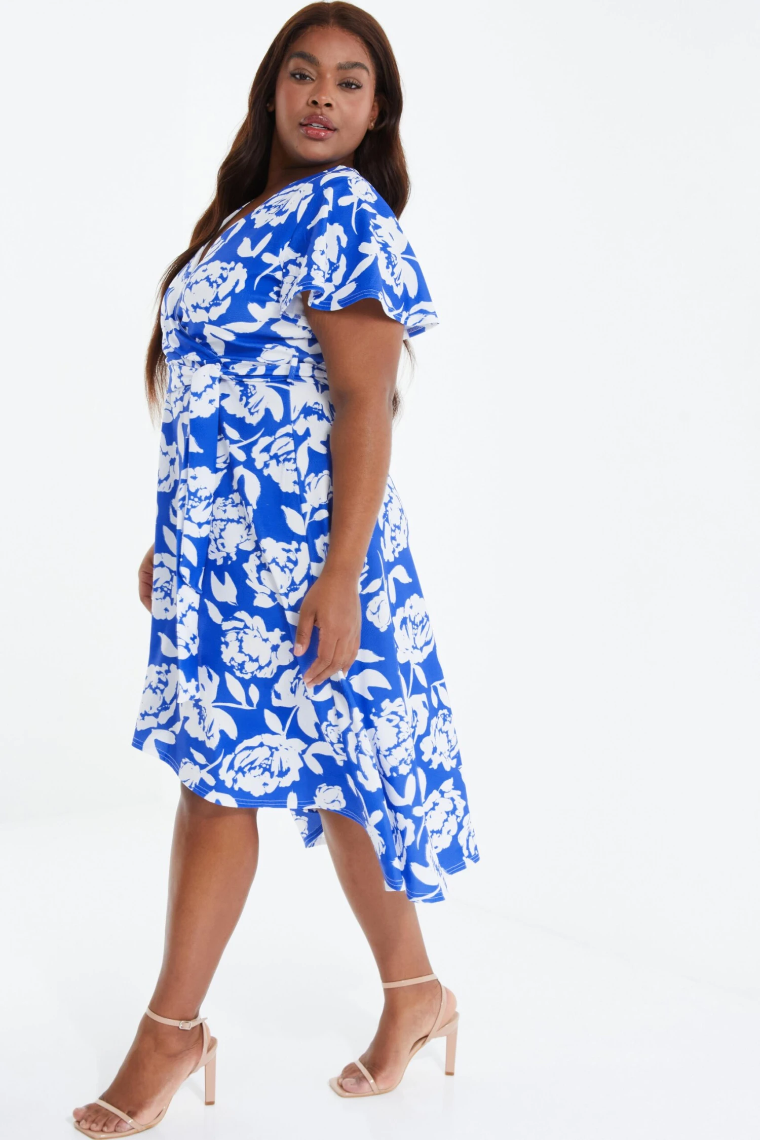 Curve Royal Blue Floral Dip Hem Midi Dress 6 Curve Royal Blue Floral Dip Hem Midi Dress - Image 4