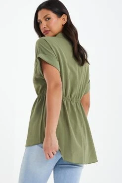 Khaki Button Ruched Blouse 10 Khaki Button Ruched Blouse -Deals Clothifyr Store 00100038465 XB