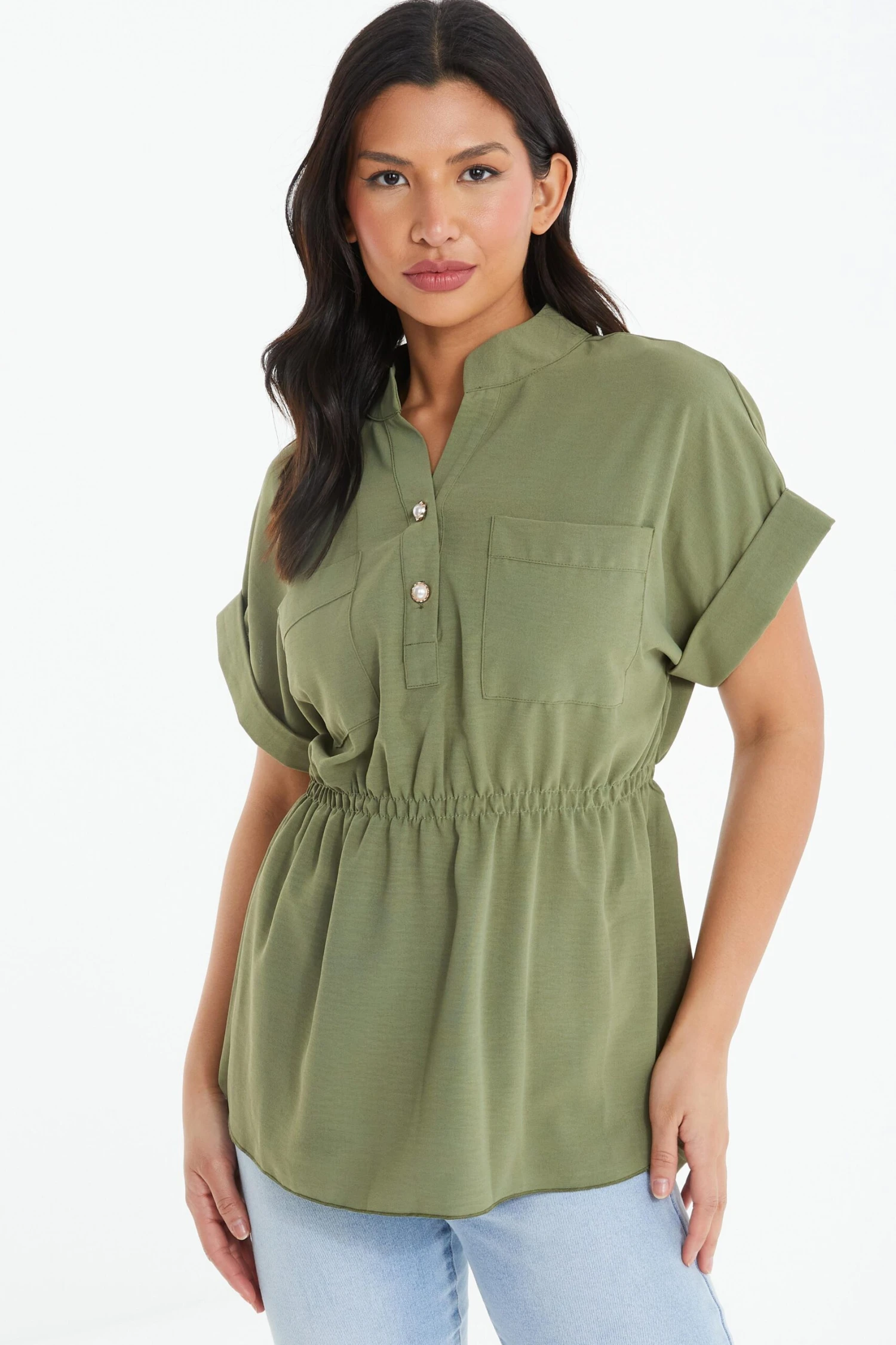 Khaki Button Ruched Blouse 4 Khaki Button Ruched Blouse - Image 2