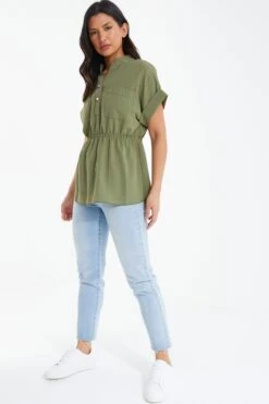 Khaki Button Ruched Blouse 11 Khaki Button Ruched Blouse -Deals Clothifyr Store 00100038465 XS