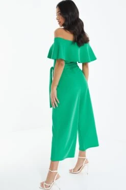 Petite Green Bardot Frill Culotte Jumpsuit -Deals Clothifyr Store 00100038487 XB