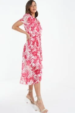Pink Floral Frill Hem Wrap Midi Dress 11 Pink Floral Frill Hem Wrap Midi Dress -Deals Clothifyr Store 00100038514 XS