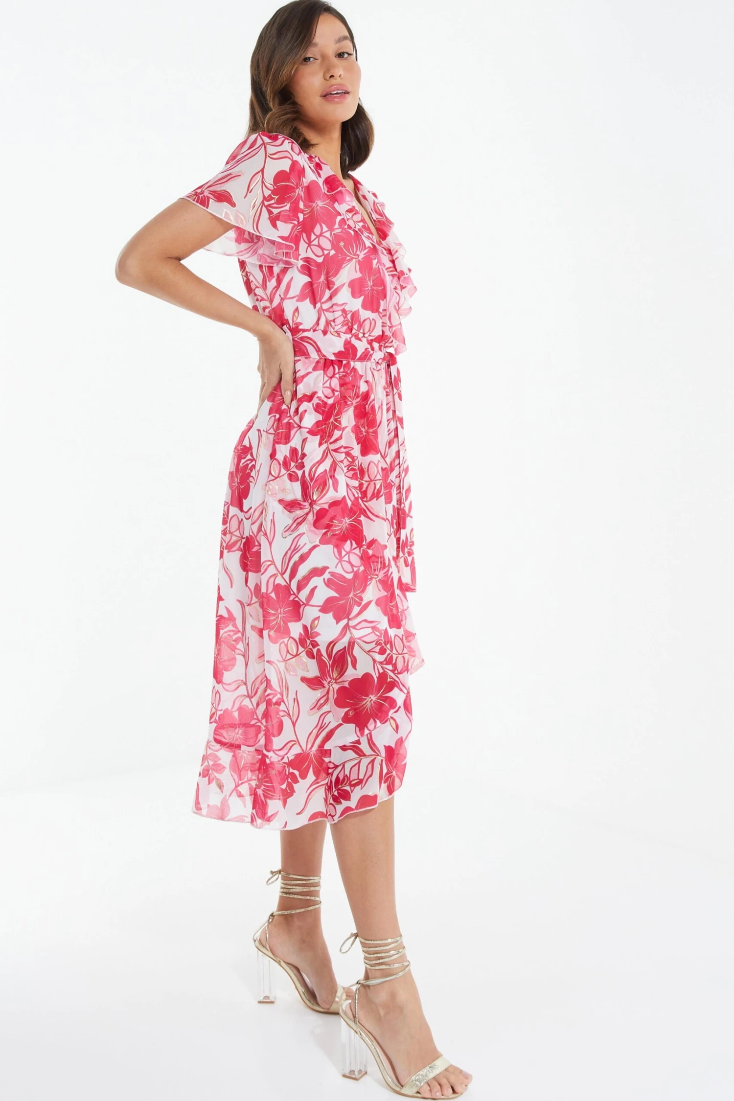 Pink Floral Frill Hem Wrap Midi Dress 6 Pink Floral Frill Hem Wrap Midi Dress - Image 4