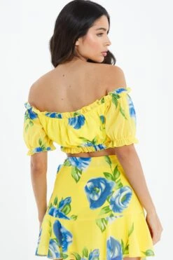 Yellow Floral Bardot Crop Top -Deals Clothifyr Store 00100038546 XB