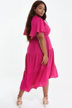 Curve Pink Wrap Tiered Dip Hem Dress -Deals Clothifyr Store 00100038575 XB