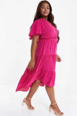 Curve Pink Wrap Tiered Dip Hem Dress -Deals Clothifyr Store 00100038575 XS