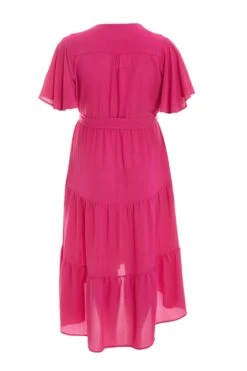 Curve Pink Wrap Tiered Dip Hem Dress -Deals Clothifyr Store 00100038575 ZB