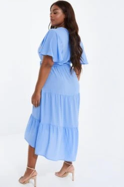 Curve Blue Wrap Tiered Dip Hem Dress -Deals Clothifyr Store 00100038577 XB