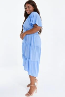 Curve Blue Wrap Tiered Dip Hem Dress -Deals Clothifyr Store 00100038577 XS