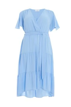 Curve Blue Wrap Tiered Dip Hem Dress