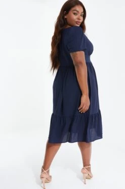 Curve Navy Tiered Puff Sleeve Midi Dress -Deals Clothifyr Store 00100038584 XB