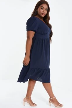 Curve Navy Tiered Puff Sleeve Midi Dress -Deals Clothifyr Store 00100038584 XS