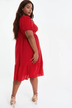 Curve Red Tiered Puff Sleeve Midi Dress 10 Curve Red Tiered Puff Sleeve Midi Dress -Deals Clothifyr Store 00100038585 XB