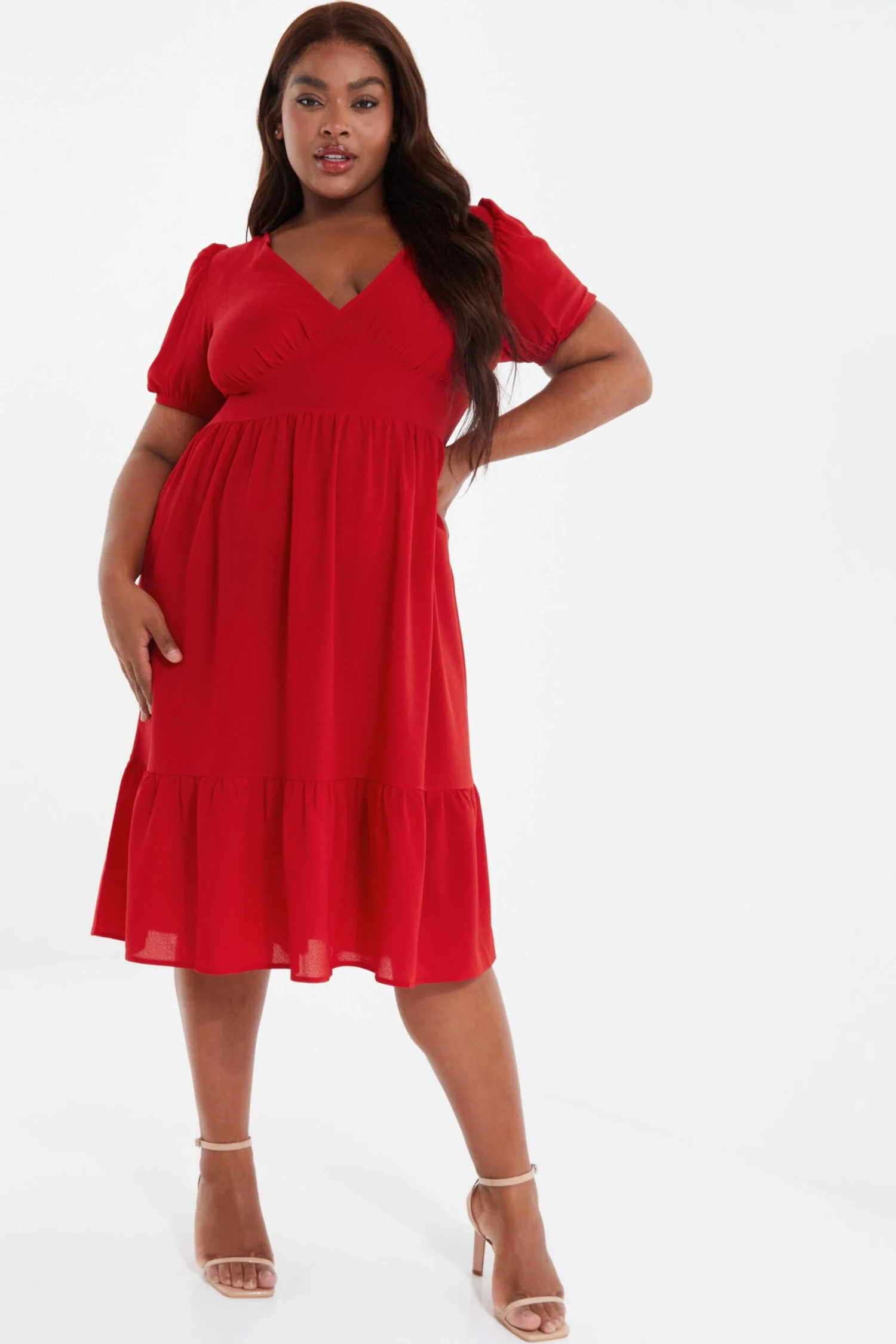 Curve Red Tiered Puff Sleeve Midi Dress 4 Curve Red Tiered Puff Sleeve Midi Dress - Image 2