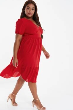 Curve Red Tiered Puff Sleeve Midi Dress 11 Curve Red Tiered Puff Sleeve Midi Dress -Deals Clothifyr Store 00100038585 XS