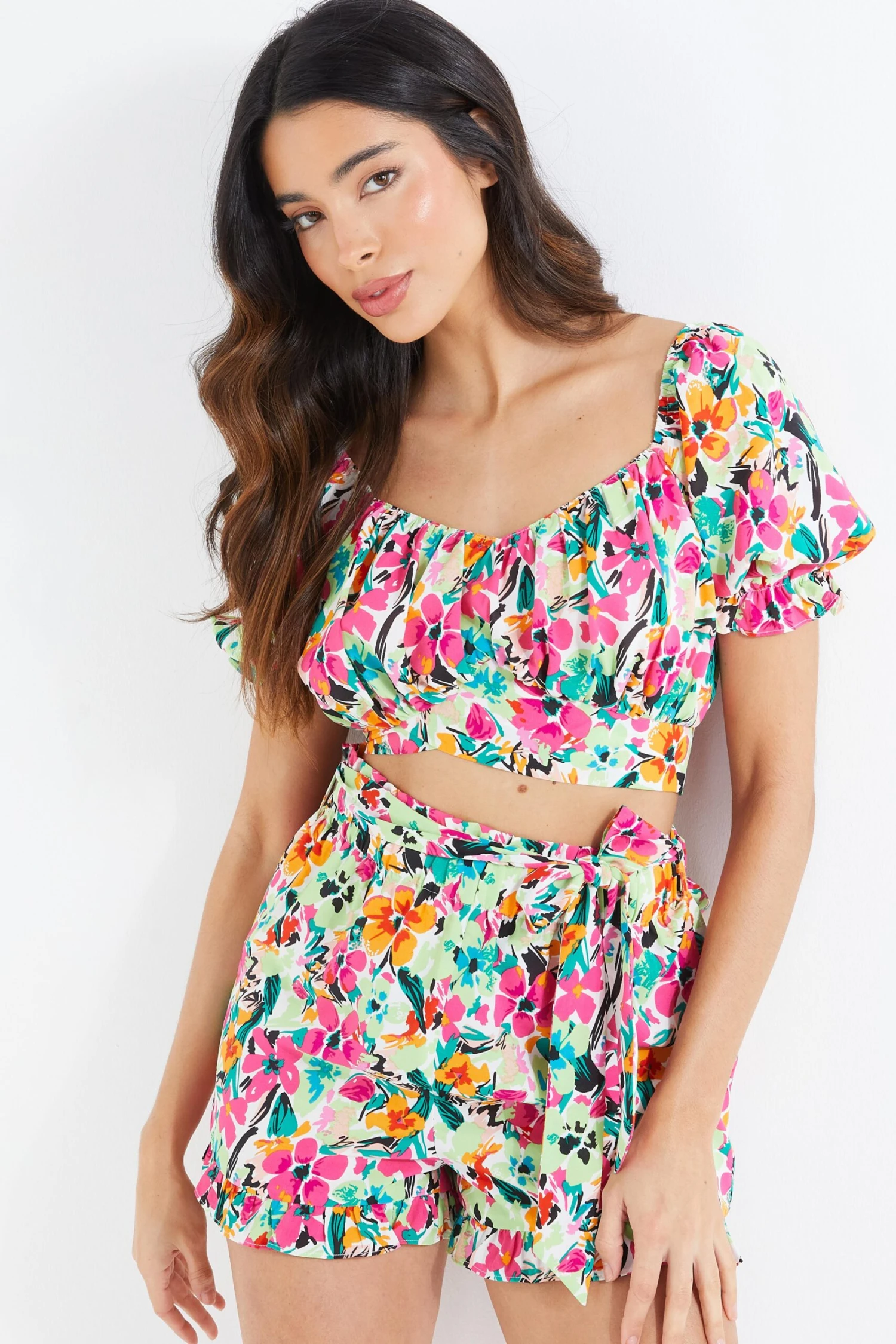 Multicoloured Floral Tie Back Crop Top 4 Multicoloured Floral Tie Back Crop Top - Image 2