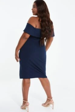 Curve Navy Ruched Bardot Midi Dress -Deals Clothifyr Store 00100038649 XB