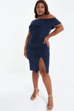 Curve Navy Ruched Bardot Midi Dress -Deals Clothifyr Store 00100038649 XS