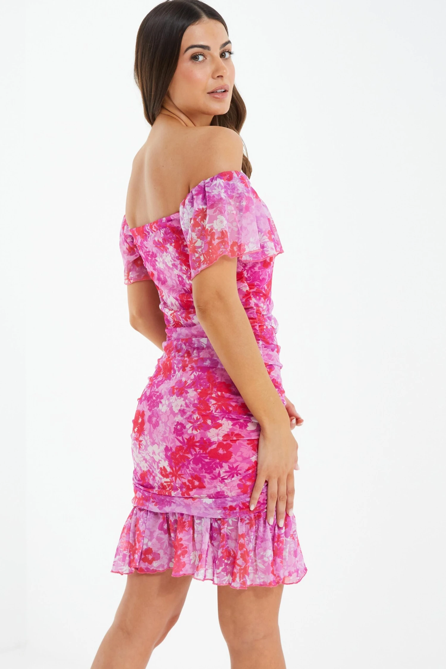 Petite Pink Floral Ruched Bardot Mini Dress 5 Petite Pink Floral Ruched Bardot Mini Dress - Image 3