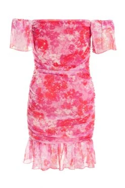 Petite Pink Floral Ruched Bardot Mini Dress 12 Petite Pink Floral Ruched Bardot Mini Dress -Deals Clothifyr Store 00100038660 ZB