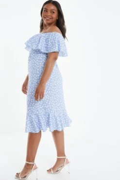 Curve Blue Smudge Print Bardot Midi Dress -Deals Clothifyr Store 00100038856 XB