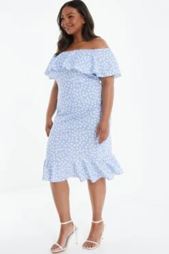 Curve Blue Smudge Print Bardot Midi Dress -Deals Clothifyr Store 00100038856 XS