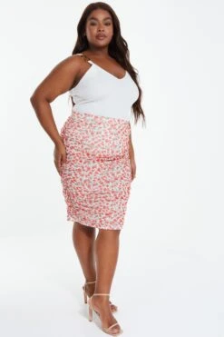 Curve Red Floral Ruched Midi Skirt -Deals Clothifyr Store 00100038858 XS