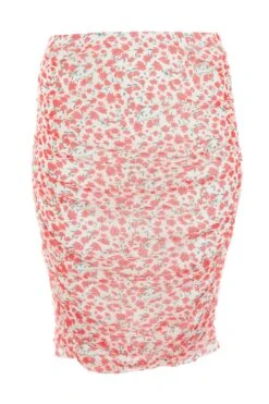 Curve Red Floral Ruched Midi Skirt