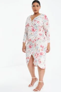 Curve Pink Floral Wrap Midi Dress -Deals Clothifyr Store 00100038860 XS