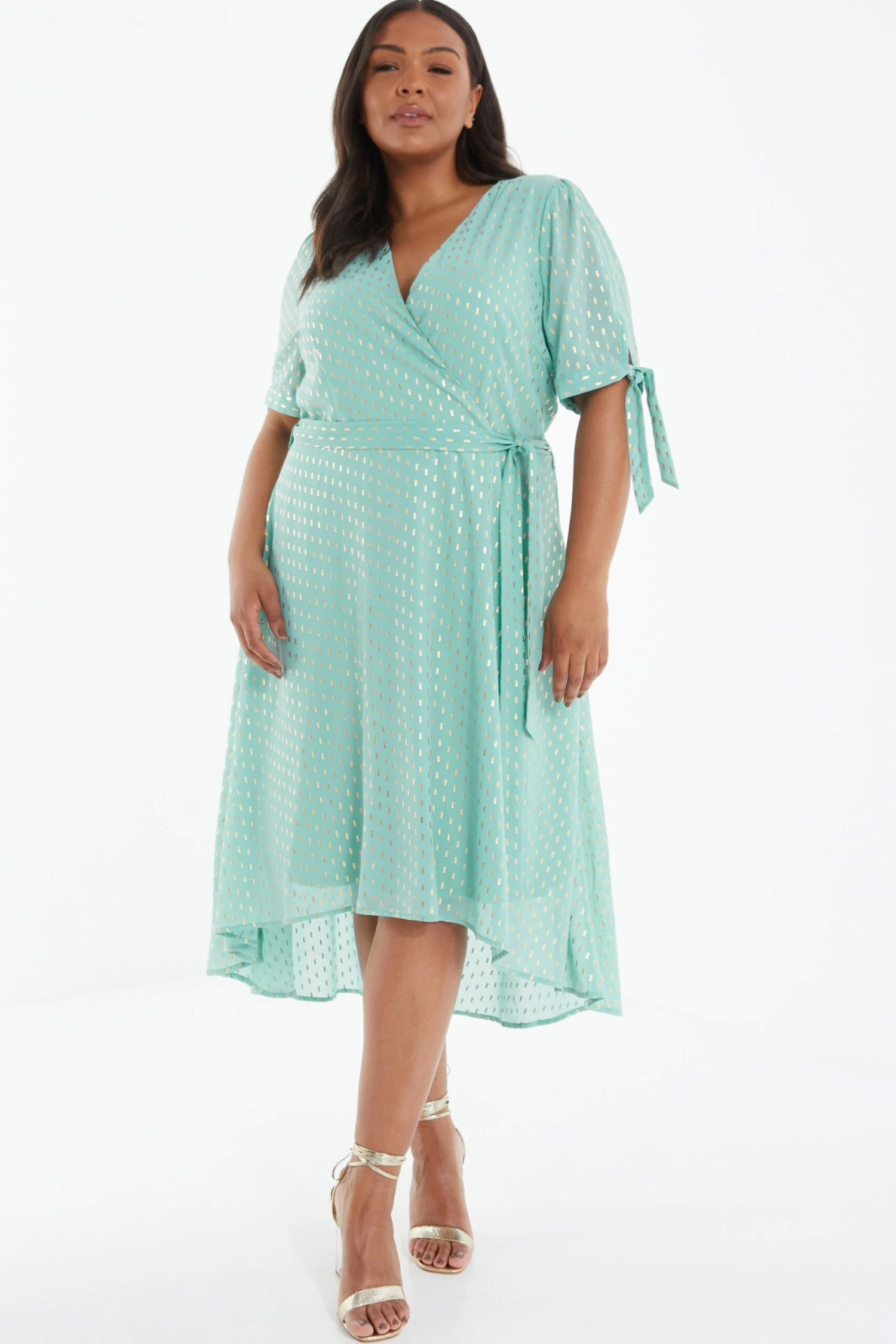 Curve Sage Chiffon Metallic Wrap Dress 4 Curve Sage Chiffon Metallic Wrap Dress - Image 2