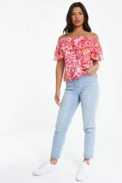 Pink Brush Stroke Print Bardot Top -Deals Clothifyr Store 00100038959 XS