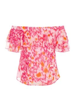 Pink Brush Stroke Print Bardot Top -Deals Clothifyr Store 00100038959 ZB