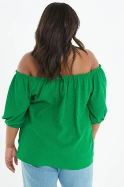 Curve Green Bardot Crinkle Top -Deals Clothifyr Store 00100038990 XB