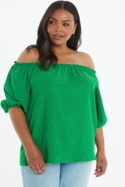 Curve Green Bardot Crinkle Top -Deals Clothifyr Store 00100038990 XM