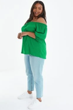 Curve Green Bardot Crinkle Top -Deals Clothifyr Store 00100038990 XS