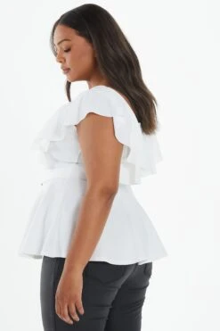 Curve Cream Frill Sleeve Peplum Top -Deals Clothifyr Store 00100038991 XB