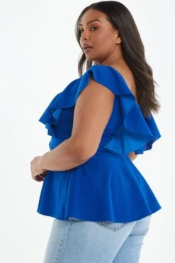 Curve Royal Blue Frill Sleeve Peplum Top -Deals Clothifyr Store 00100038992 XB