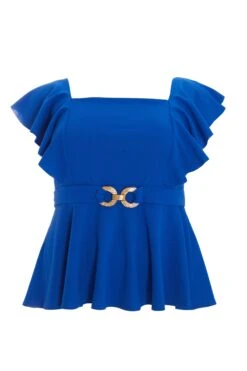 Curve Royal Blue Frill Sleeve Peplum Top