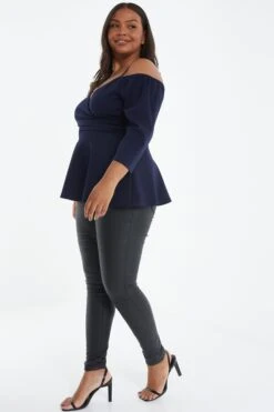 Curve Navy Peplum Top -Deals Clothifyr Store 00100038993 XS