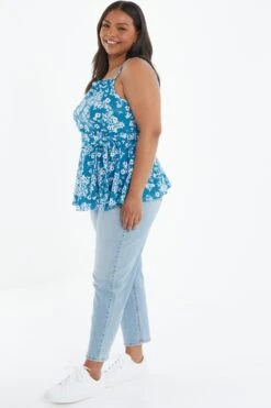 Curve Blue Ditsy Print Peplum Top -Deals Clothifyr Store 00100039016 XS