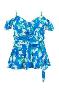 Curve Blue Tropical Print Wrap Top