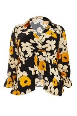 Curve Black Floral Satin Frill Cuff Blouse