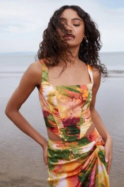 Multicoloured Marble Print Corset Crop Top -Deals Clothifyr Store 00100039383 XM